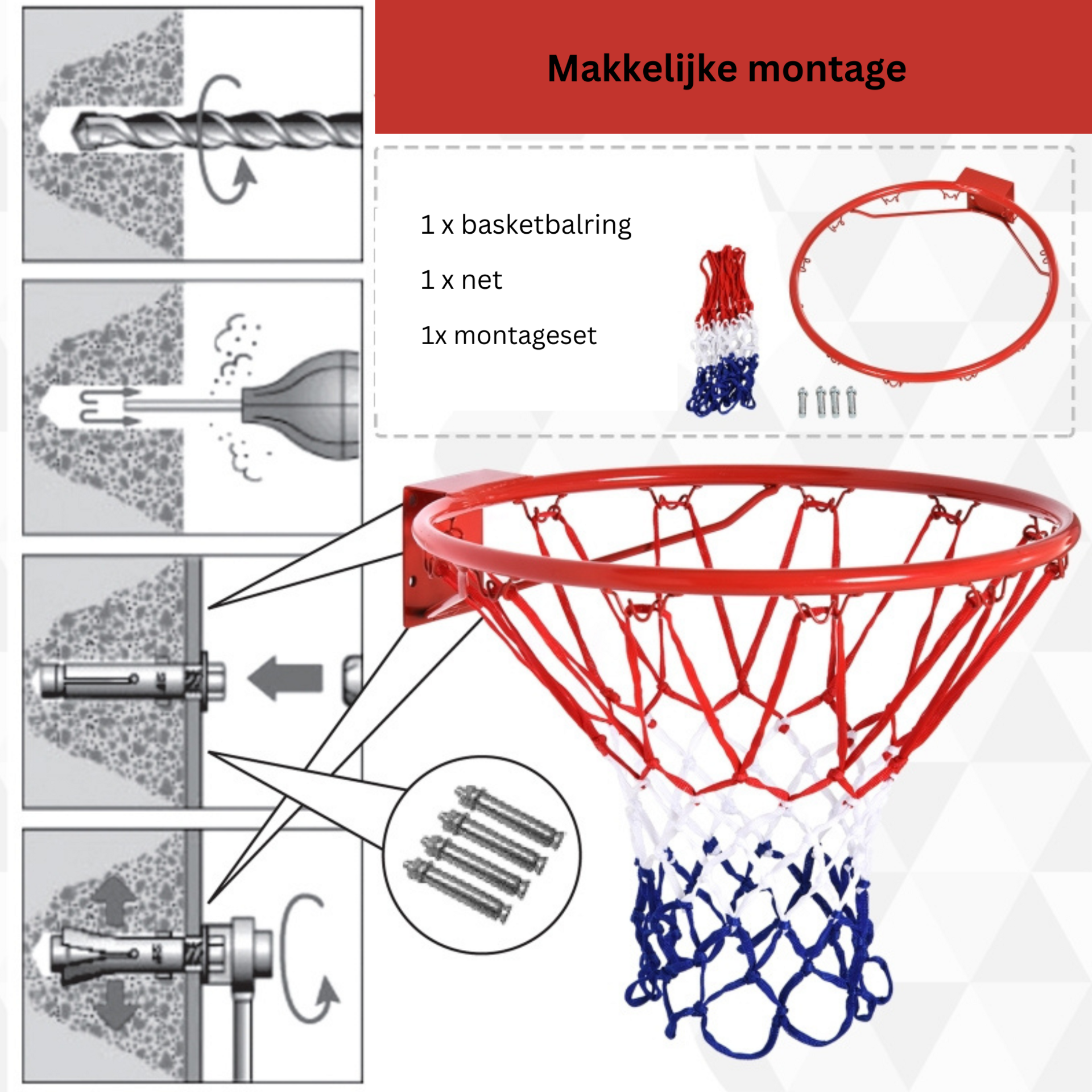 Rood-blauw-witte basketbalring 46 cm voor fun en sportieve training