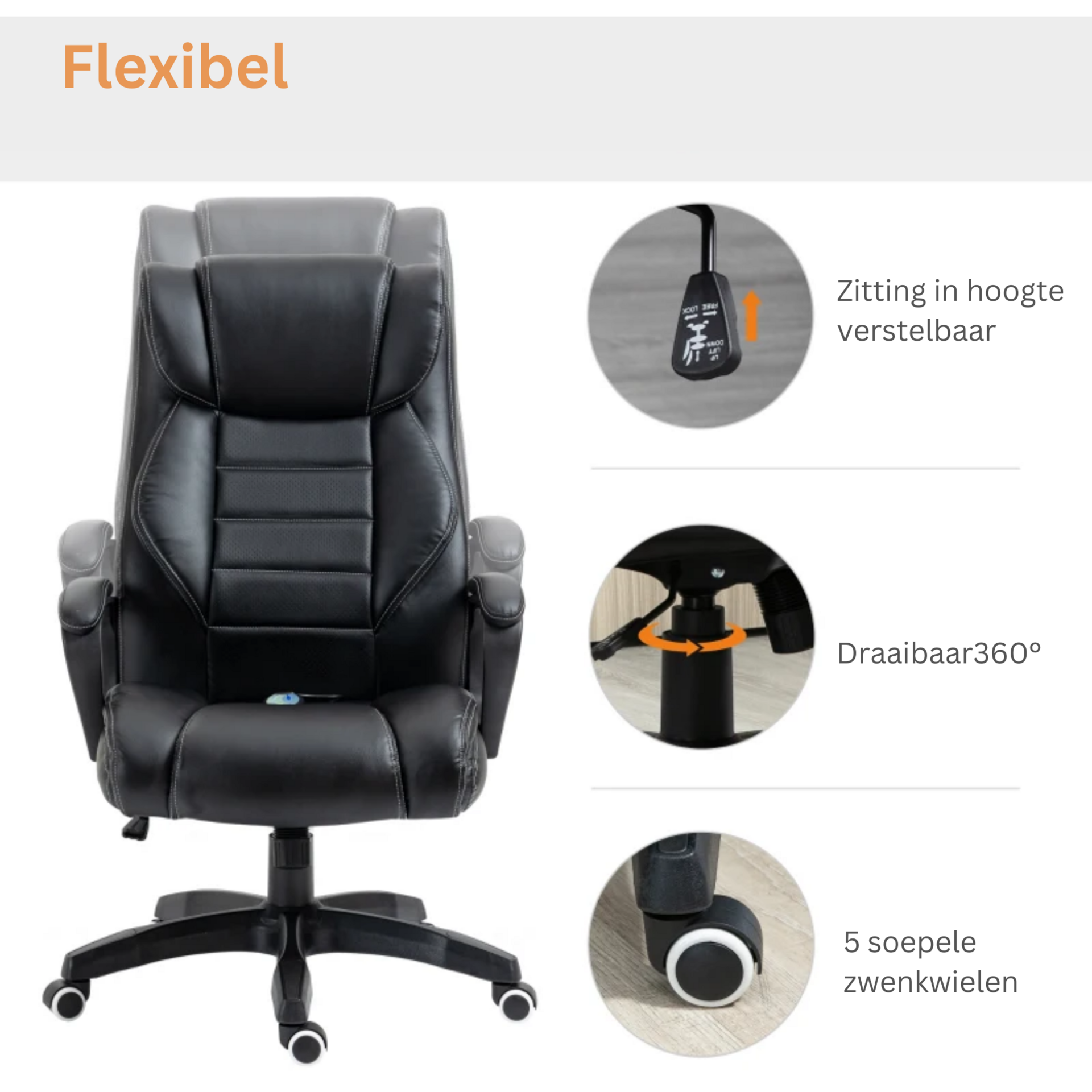 Ergonomische gamestoel verstelbaar met massagefunctie – zwart design