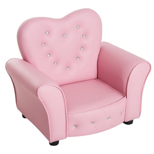 Kinderstoel met armleuningen in roze kunstleer – L59 x B41,5 x H49 cm met hartvormige rugleuning en kristallen studs