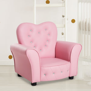 Kinderstoel met armleuningen in roze kunstleer – L59 x B41,5 x H49 cm met hartvorm en kristallen studs voor kinderkamer