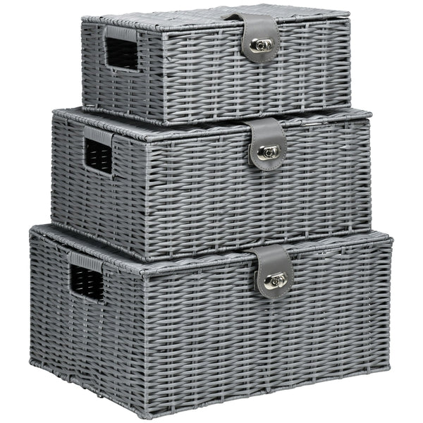 Praktische set van 3 opbergmanden met deksel grijs 36x29x18 cm stevig