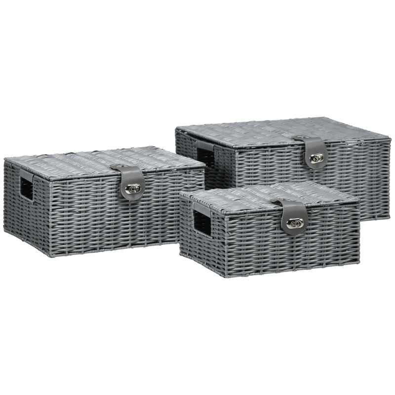 Praktische set van 3 opbergmanden met deksel grijs 36x29x18 cm stevig
