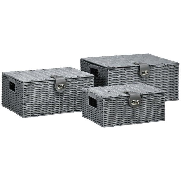 Praktische set van 3 opbergmanden met deksel grijs 36x29x18 cm stevig