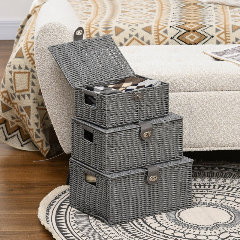 Praktische set van 3 opbergmanden met deksel grijs 36x29x18 cm stevig