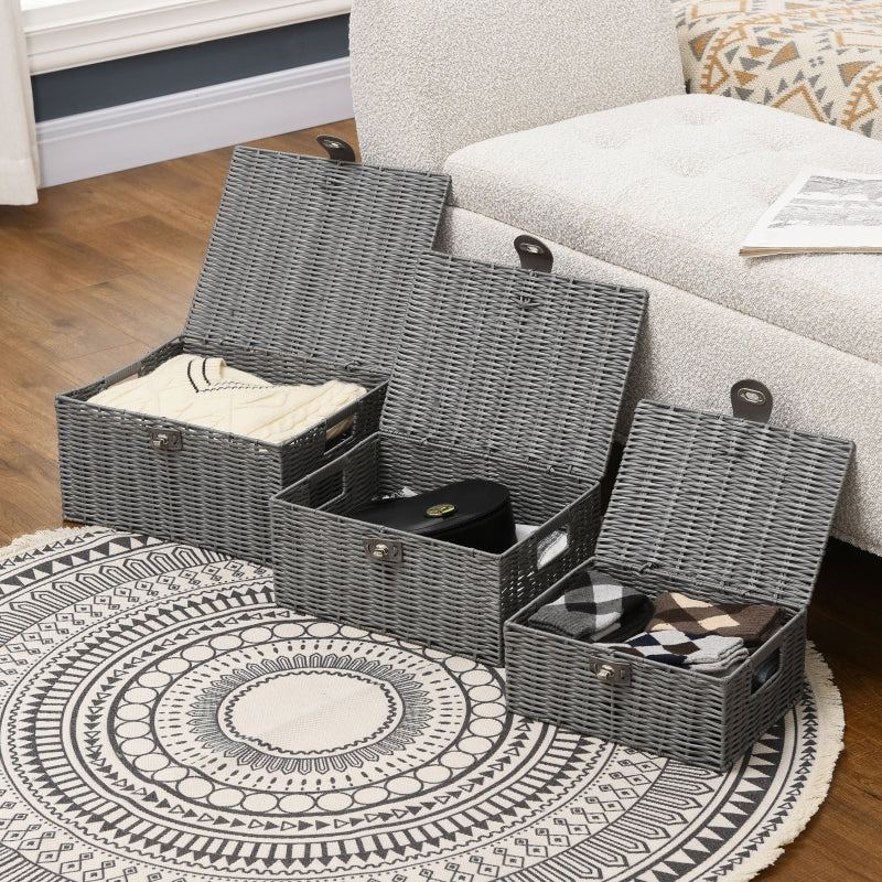 Praktische set van 3 opbergmanden met deksel grijs 36x29x18 cm stevig