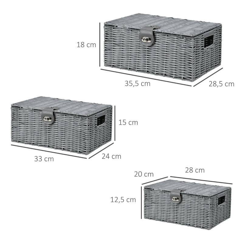 Praktische set van 3 opbergmanden met deksel grijs 36x29x18 cm stevig