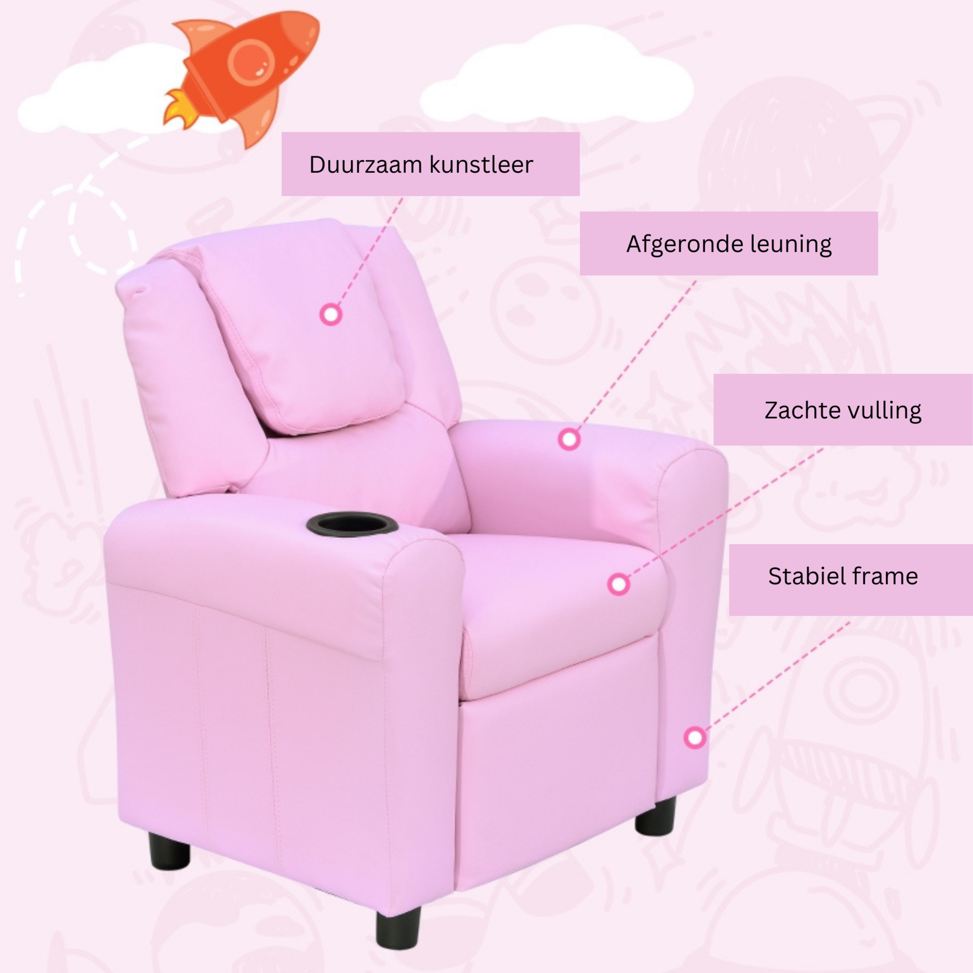 Comfortabele roze kinderstoel en kindersofa relaxstoel 62x56x69 cm