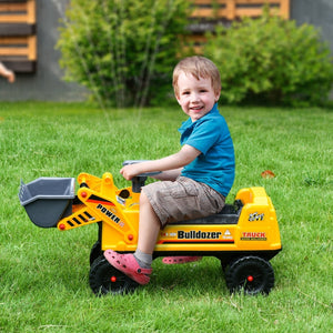 Gele en zwarte loopauto bulldozer 70x26x37 cm voor actief kinderspel met stuurwiel en opbergruimte