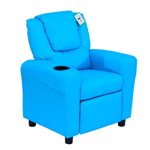 Comfortabele blauwe kinderstoel en kindersofa relaxstoel 62x56x69 cm met armleuningen en bekerhouder voor kinderen