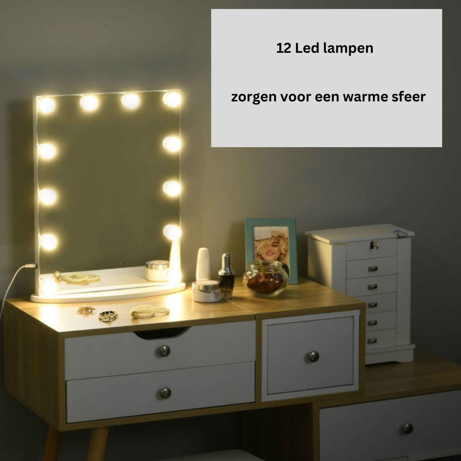 Praktische make-up spiegel wit met verlichting 42x14x51 cm voor thuis