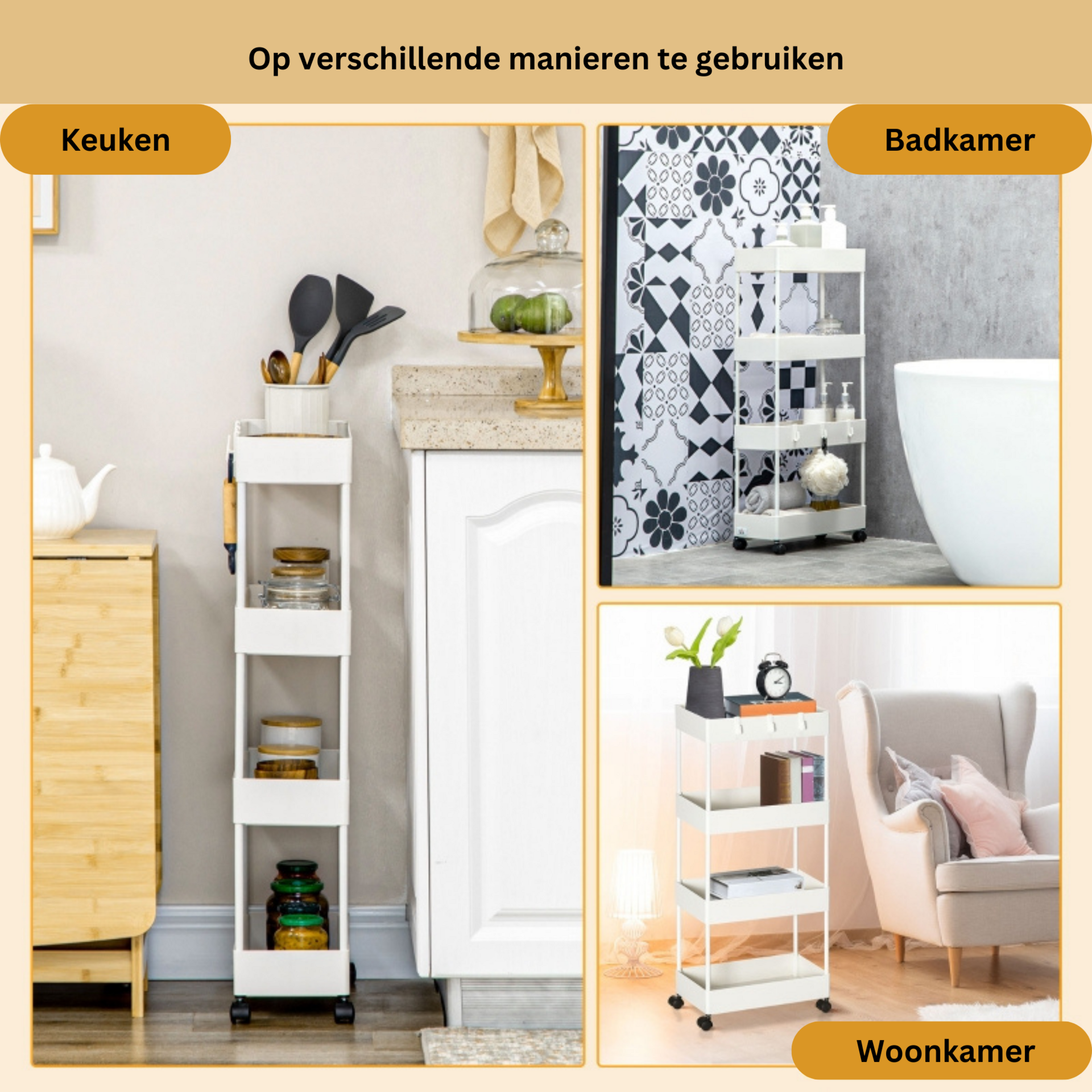 Praktische verrijdbare serveerwagen wit 40x19x90 cm met opbergrek