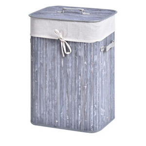 Stijlvolle opvouwbare wasmand met deksel bamboe grijs 40x30x60 cm met canvas waszak en handgrepen voor eenvoudig gebruik