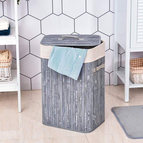 Stijlvolle opvouwbare wasmand met deksel bamboe grijs 40x30x60 cm