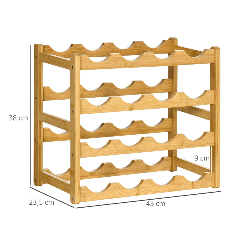Duurzaam bamboe wijnrek voor 16 flessen met 4 schappen 43x24x38 cm