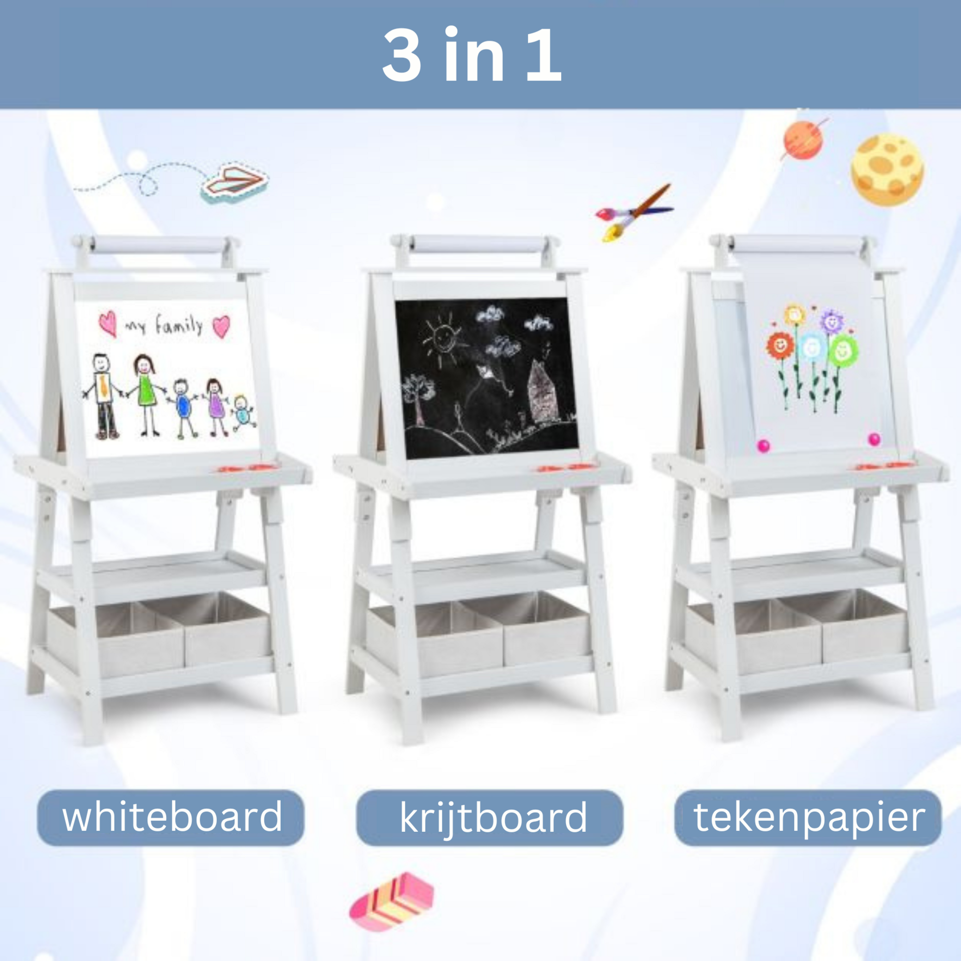 Krijtbord en whiteboard wit 59x50x117 cm, perfect voor kinderen om te tekenen