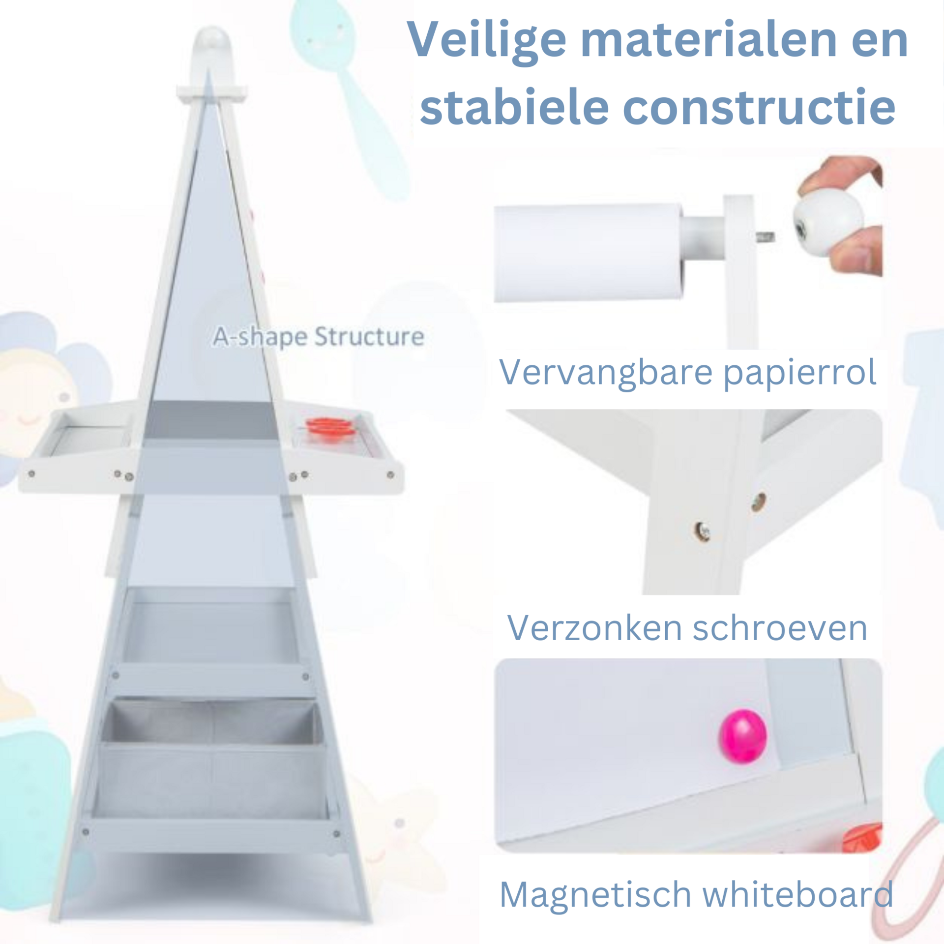 Krijtbord en whiteboard wit 59x50x117 cm, perfect voor kinderen om te tekenen