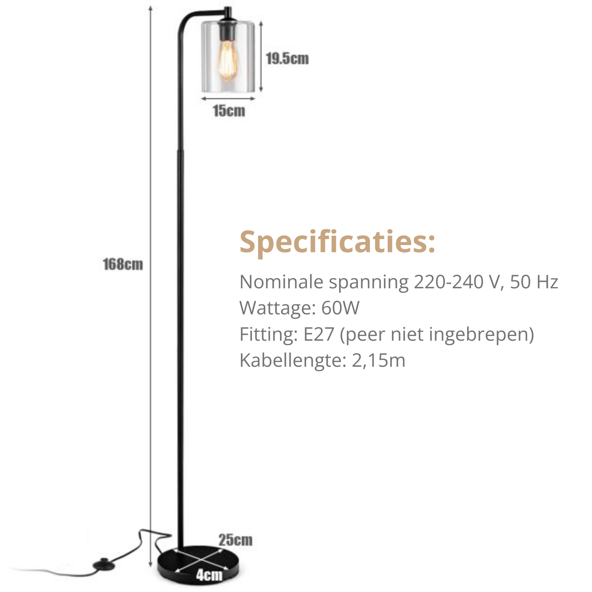 Industriële staande lamp met verstelbare kap – zwart – Ø25×168 cm