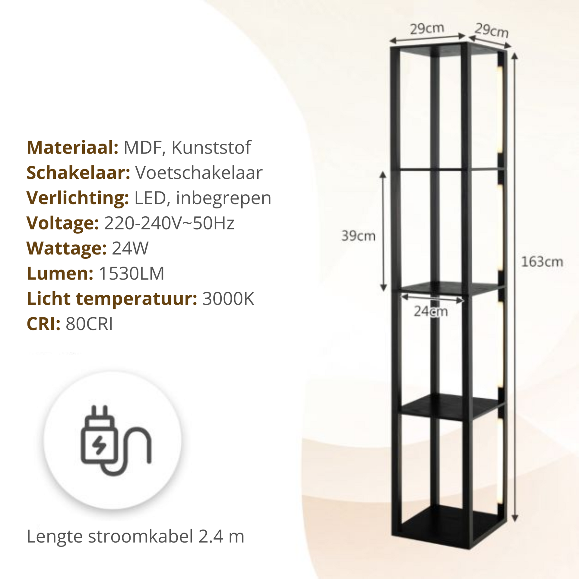 Zwarte vloerlamp met LED-verlichting en geïntegreerde opbergruimte – 29×29×163 cm | Zenzee
