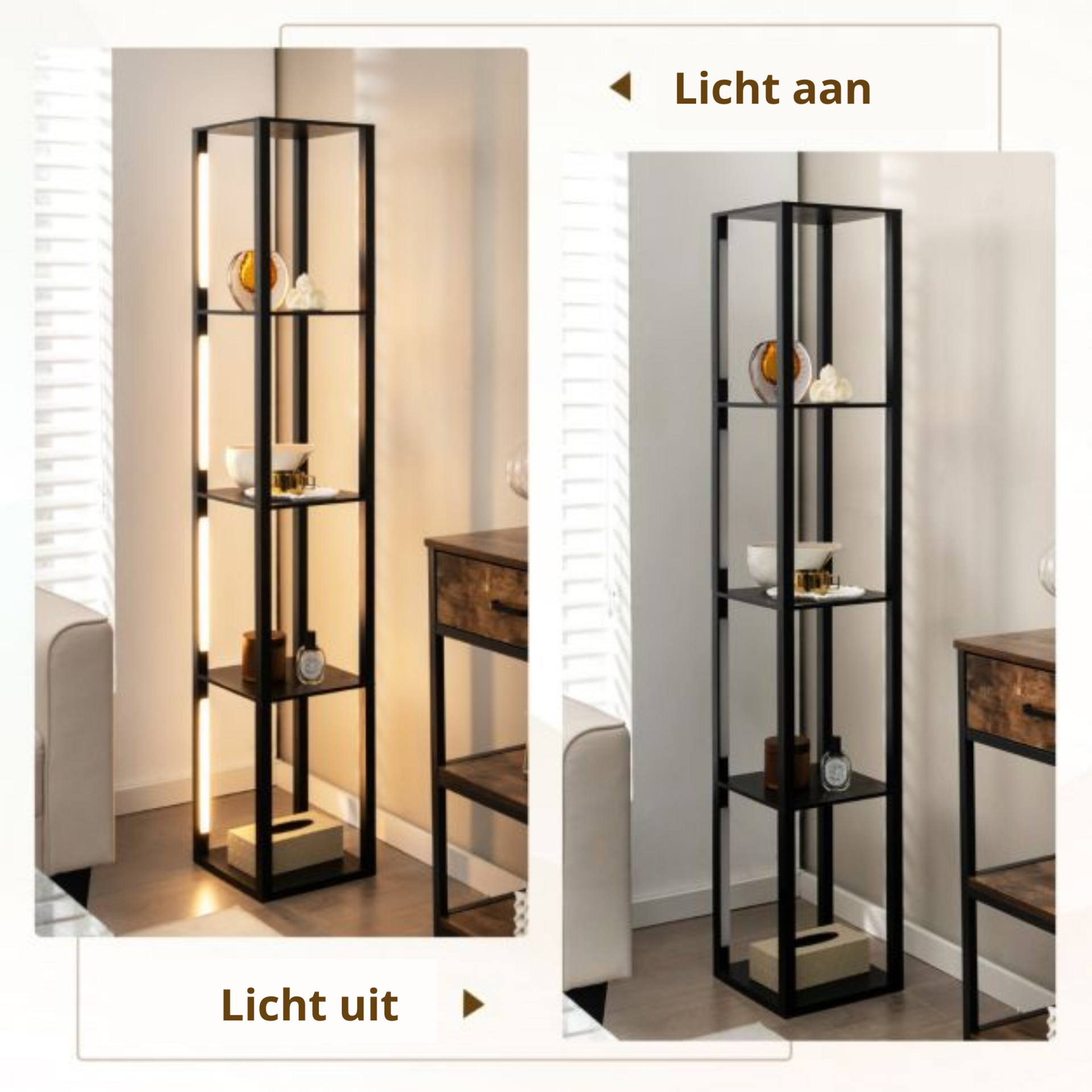 Zwarte vloerlamp met LED-verlichting en geïntegreerde opbergruimte – 29×29×163 cm | Zenzee