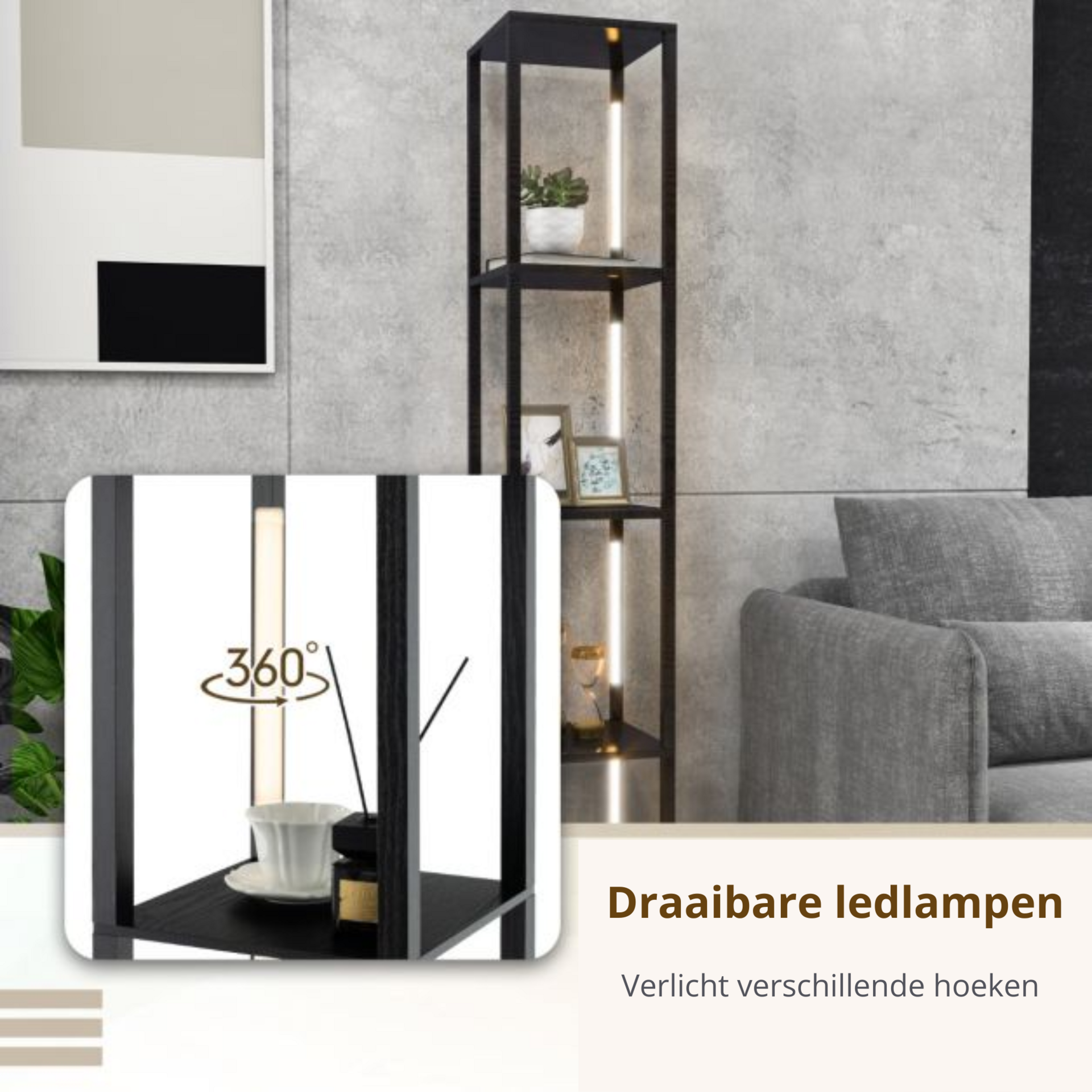 Zwarte vloerlamp met LED-verlichting en geïntegreerde opbergruimte – 29×29×163 cm | Zenzee