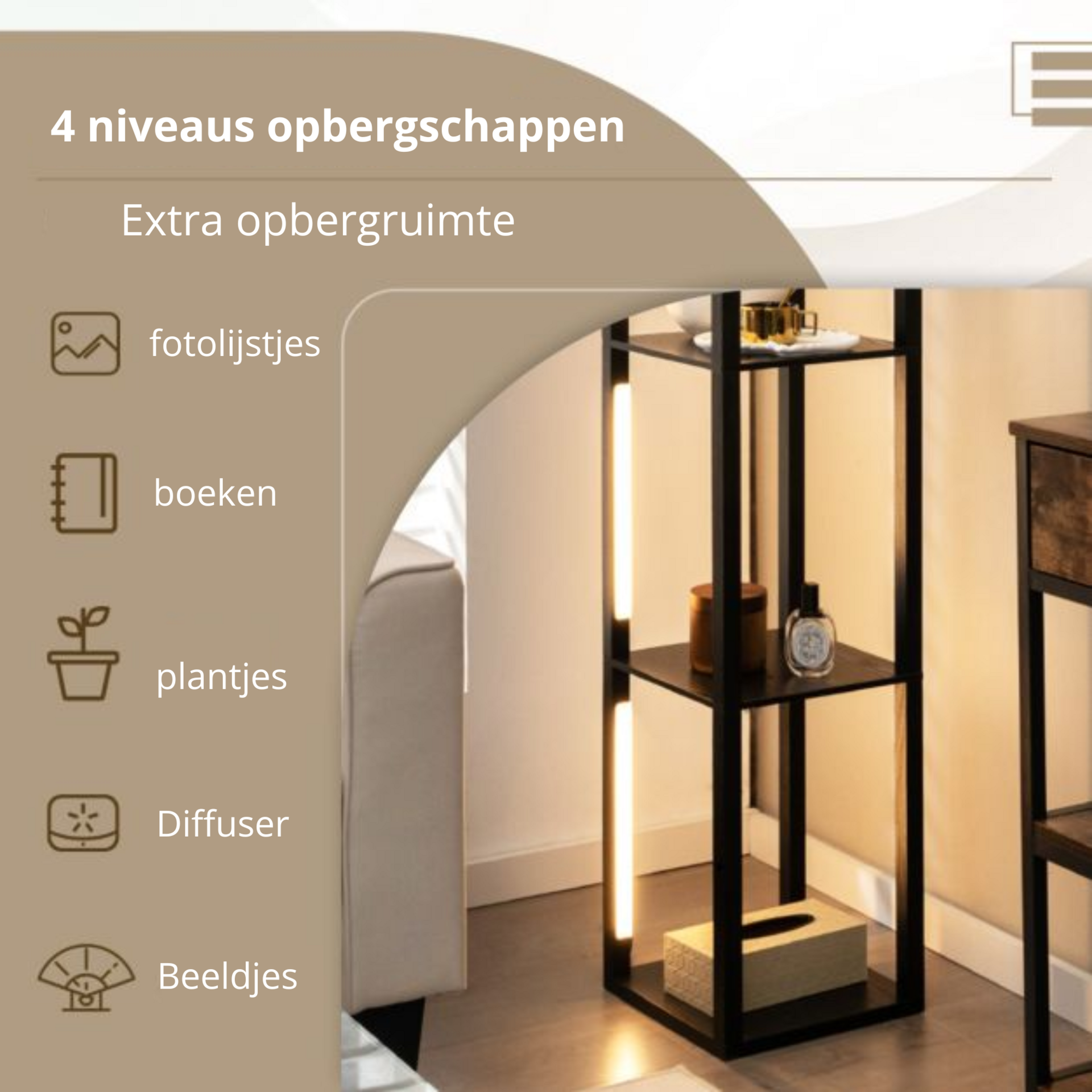 Zwarte vloerlamp met LED-verlichting en geïntegreerde opbergruimte – 29×29×163 cm | Zenzee