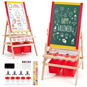 3-in-1 houten schildersezel voor kinderen – krijtbord, whiteboard & papierrol met opbergruimte en kleurstickers