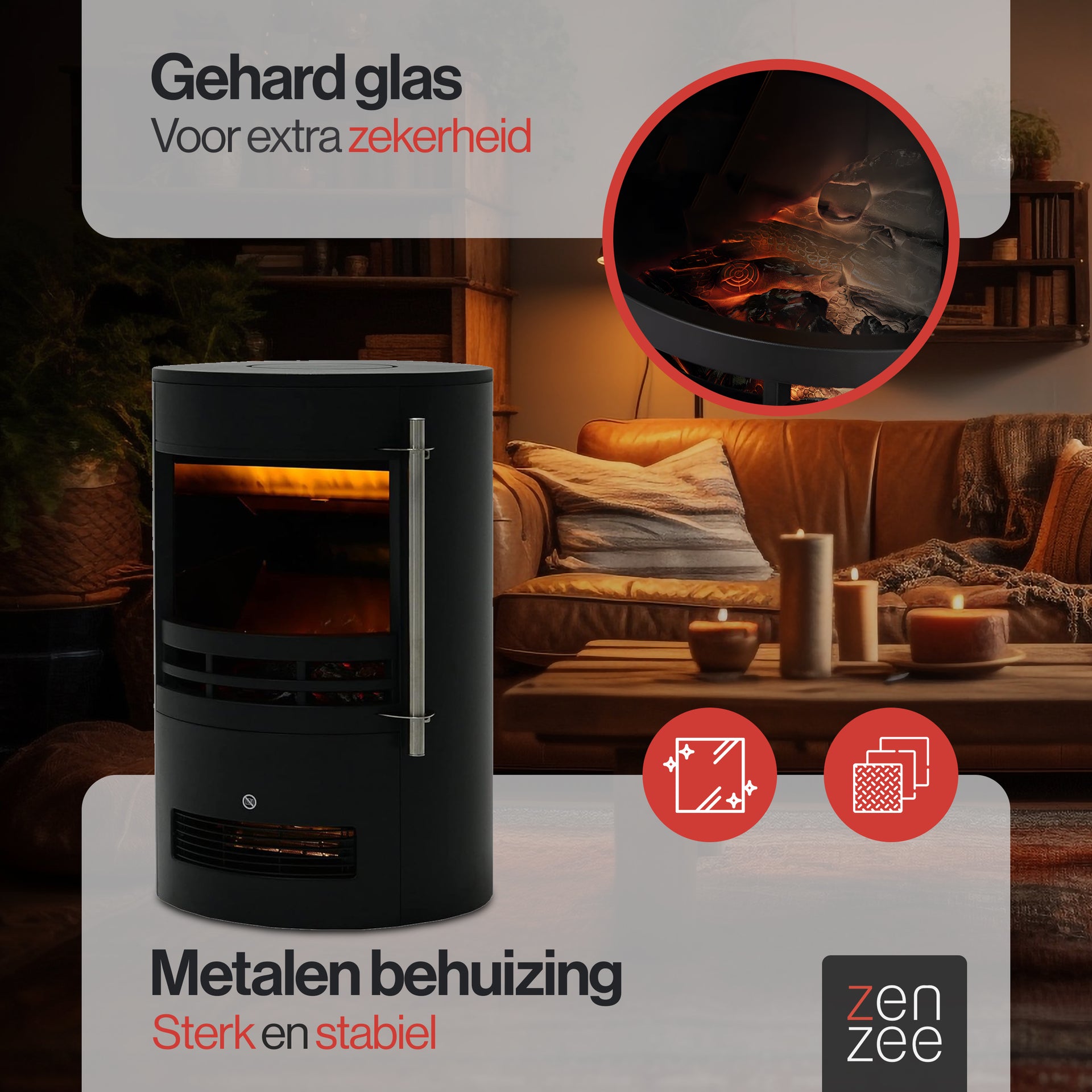 Vrijstaande elektrische haard zwart met thermostaat – 1800W voor warmte & sfeer