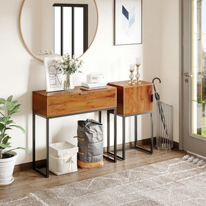 Industriële wandtafel met lade – bruin/zwart – 80×30×76 cm met natuurlijke houtlook en stoer metalen frame in hal of woonkamer