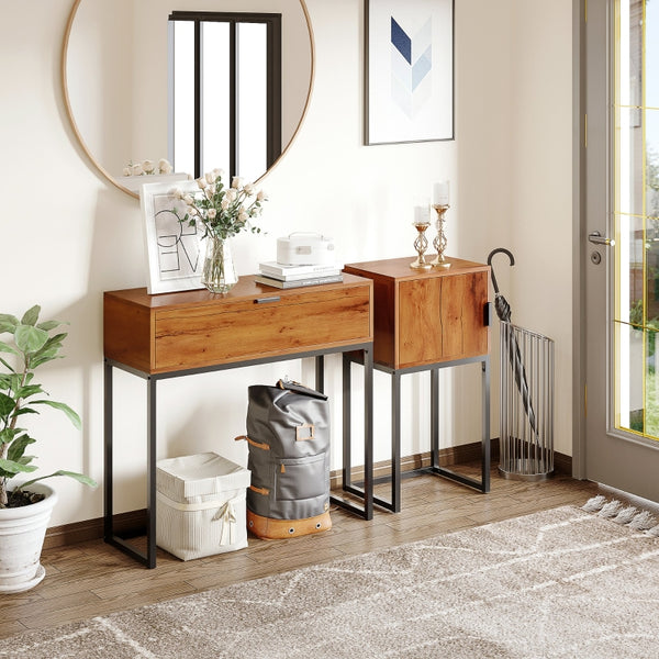 Industriële bijzettafel met lade en plank – bruin-zwart MDF
