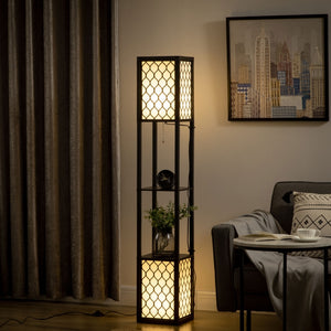 Vloerlamp met schappen in moderne Oosterse stijl – zwart MDF 26x26x156 cm met sfeerverlichting en opbergruimte