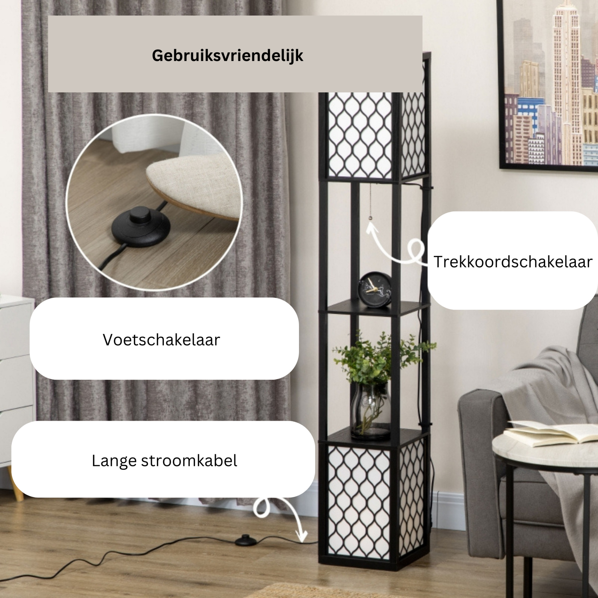 Vloerlamp met schappen in moderne Oosterse stijl – zwart MDF 26x26x156 cm