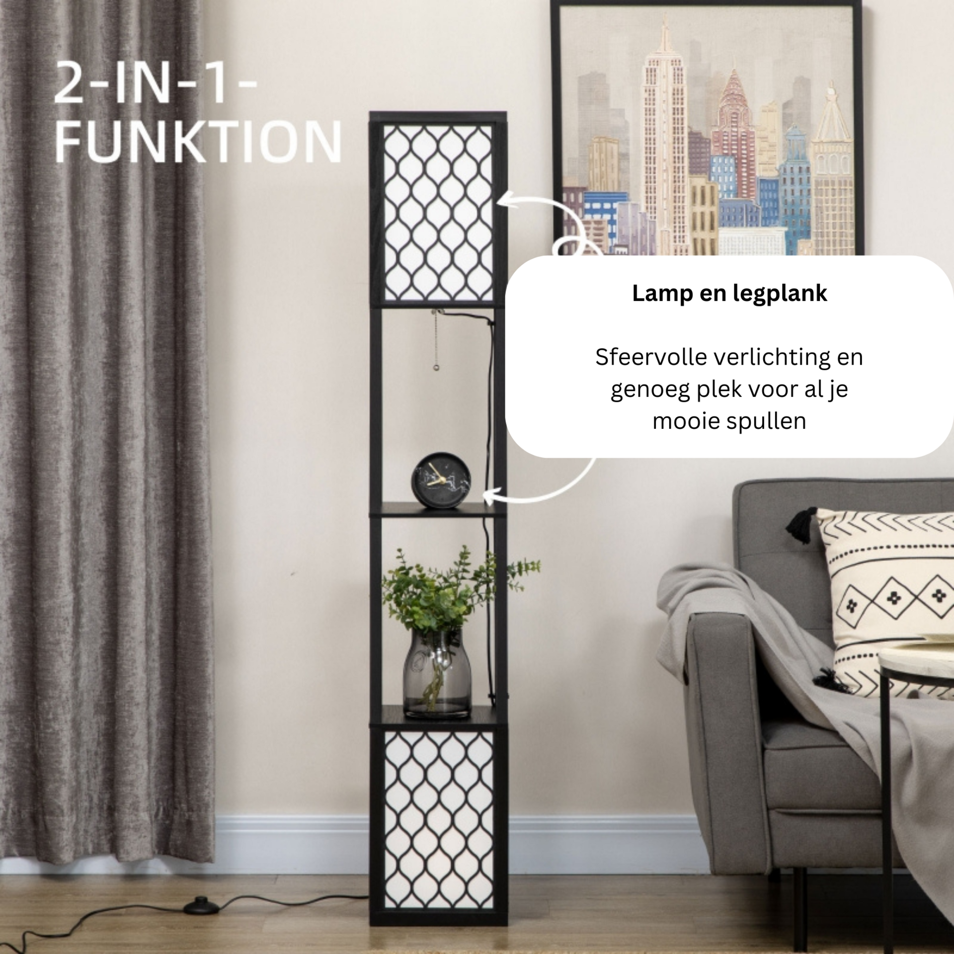 Vloerlamp met schappen in moderne Oosterse stijl – zwart MDF 26x26x156 cm