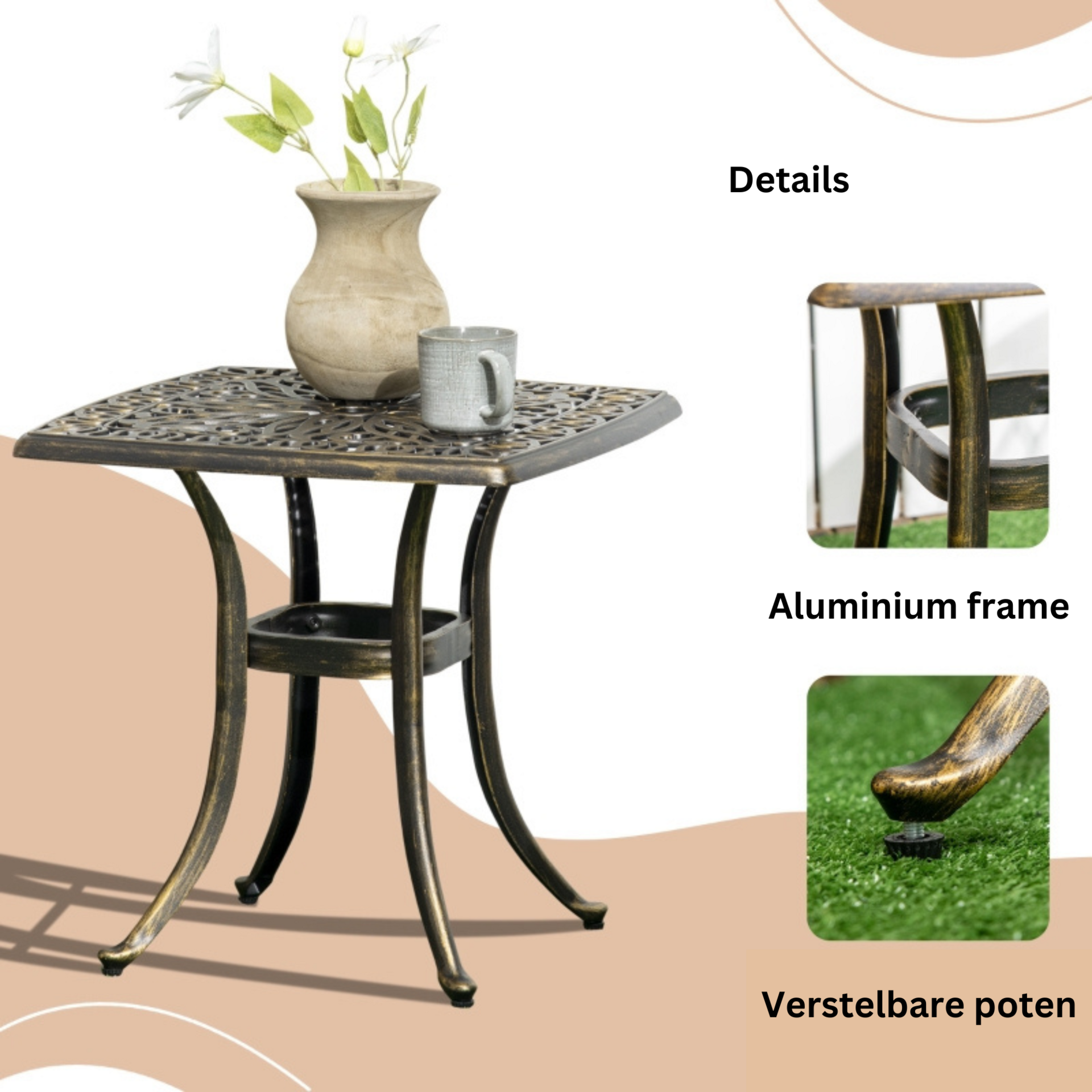 Vintage bistrotafel met parasolgat – brons aluminium – 54×54×52,5 cm