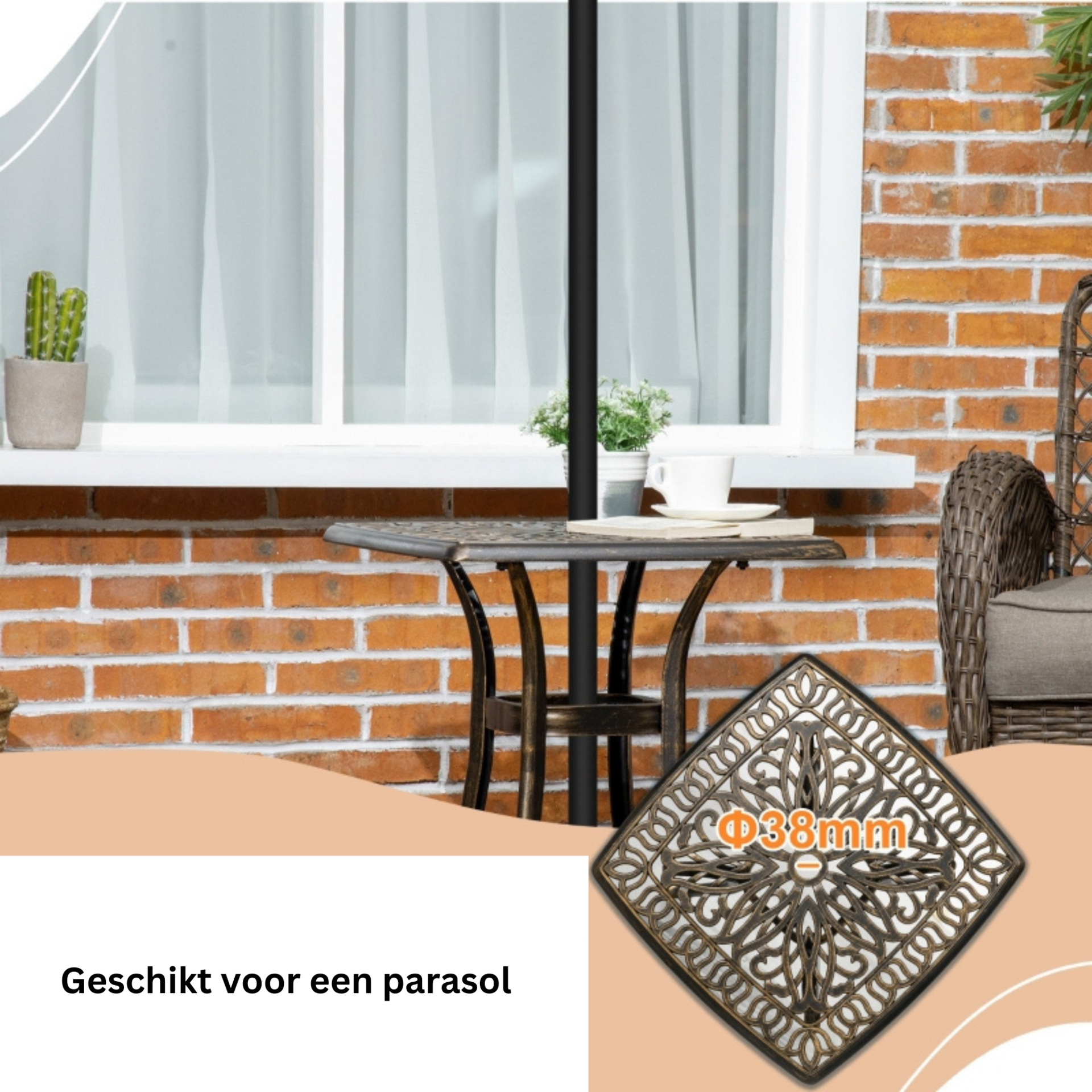 Vintage bistrotafel met parasolgat – brons aluminium – 54×54×52,5 cm