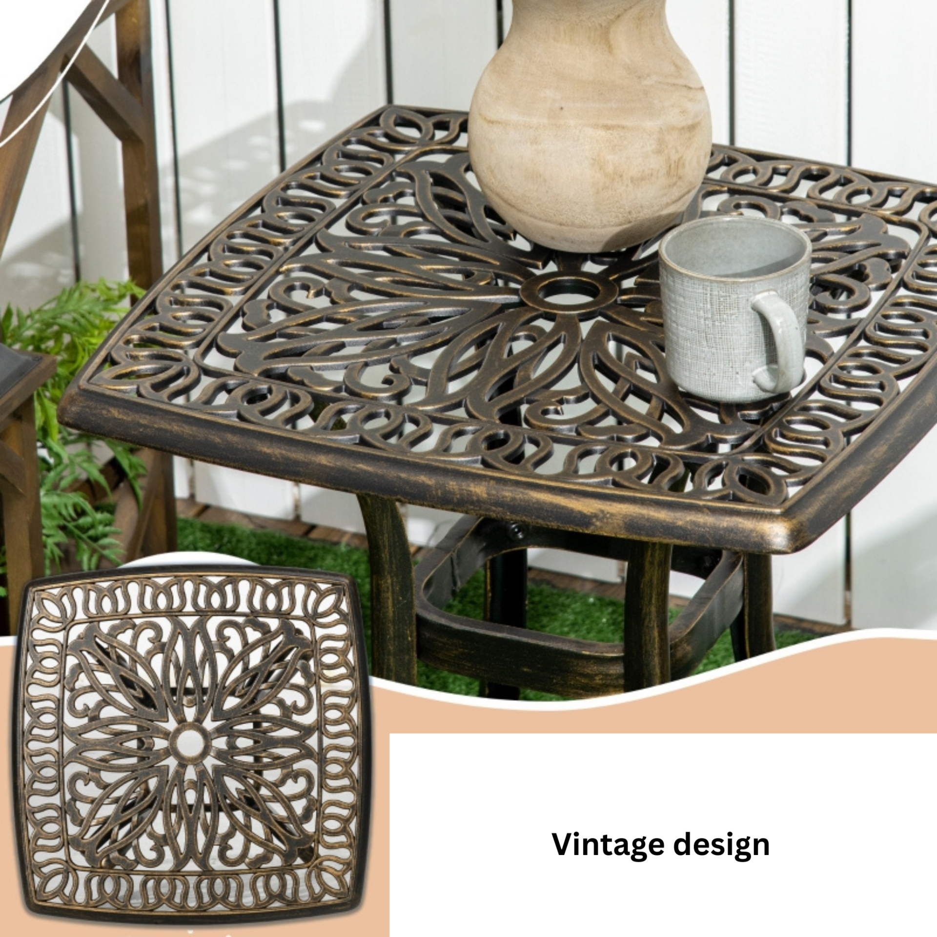 Vintage bistrotafel met parasolgat – brons aluminium – 54×54×52,5 cm