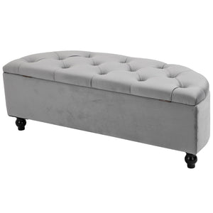 Hocker met opbergruimte en klapbaar deksel – grijs – 120×46×42 cm met zachte velvet stof en elegante knopen voor stijlvol opbergen