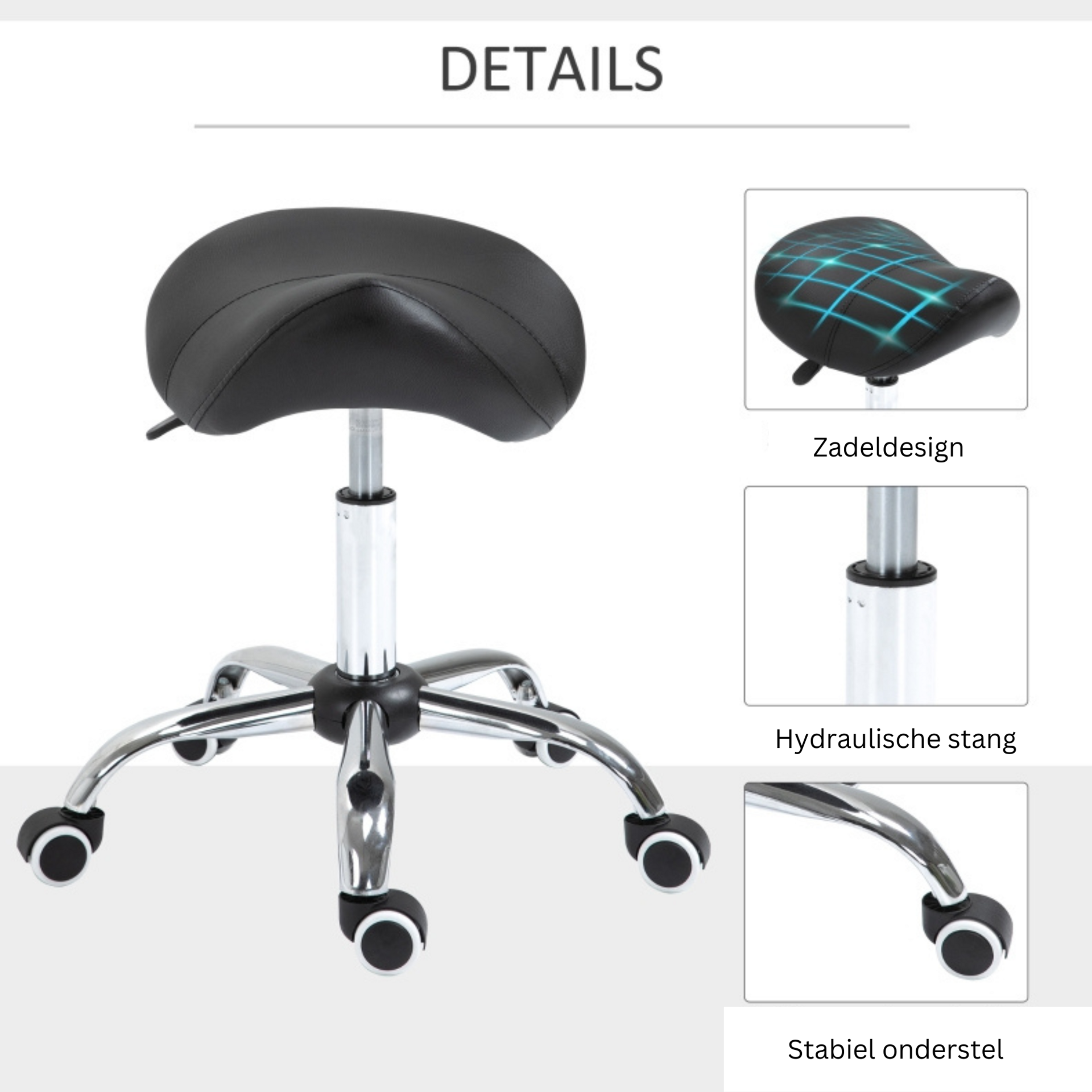 Ergonomische zadelkruk met wieltjes en verstelbare hoogte – zwart – 52×53×49–61 cm