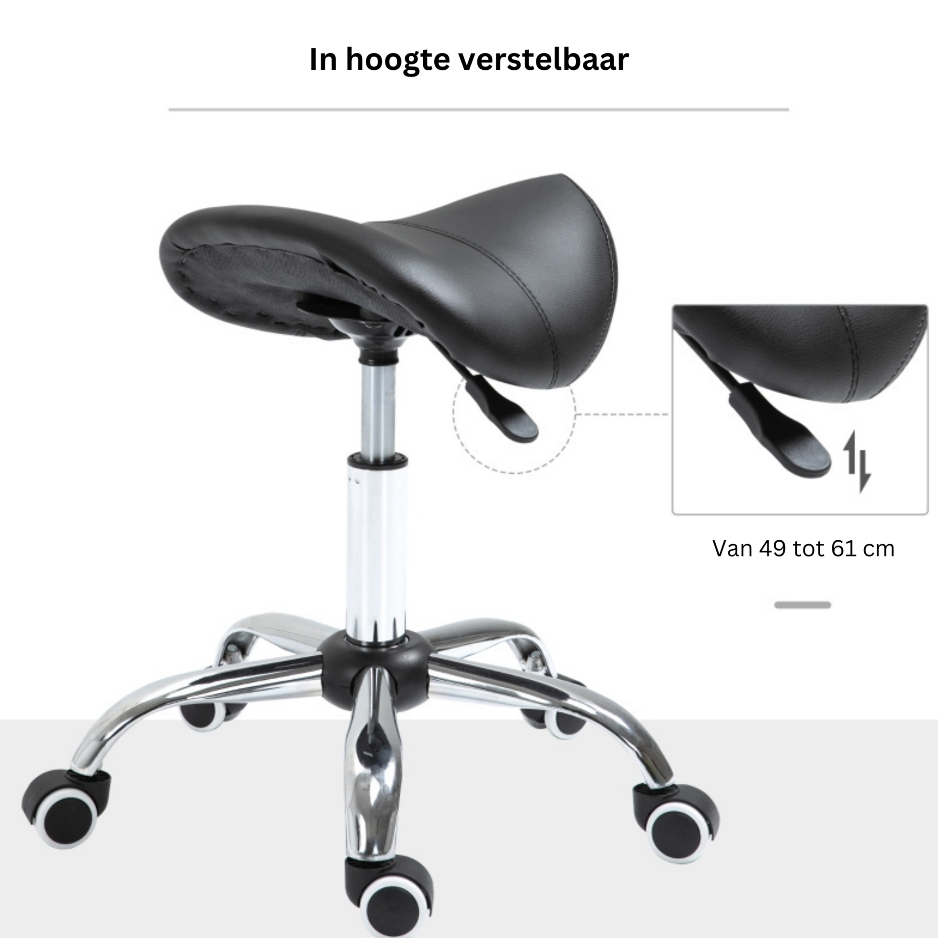 Ergonomische zadelkruk met wieltjes en verstelbare hoogte – zwart – 52×53×49–61 cm