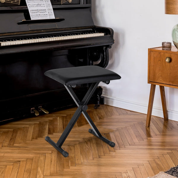 Verstelbare pianokruk met inklapbaar frame – zwart kunstleer – 39×29×37–47 cm