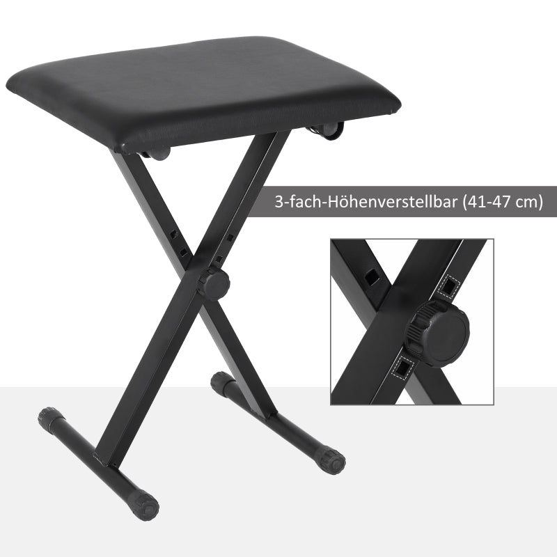 Verstelbare pianokruk met inklapbaar frame – zwart kunstleer – 39×29×37–47 cm