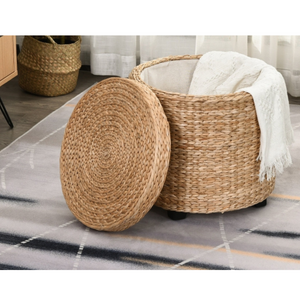 Ronde hocker met opbergruimte en afneembare deksel – stro rotan – Ø43×43 cm voor stijlvol en praktisch gebruik in huis