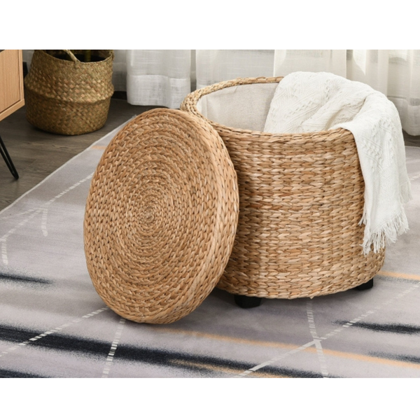 Ronde hocker met opbergruimte en afneembare deksel – stro rotan – Ø43×43 cm