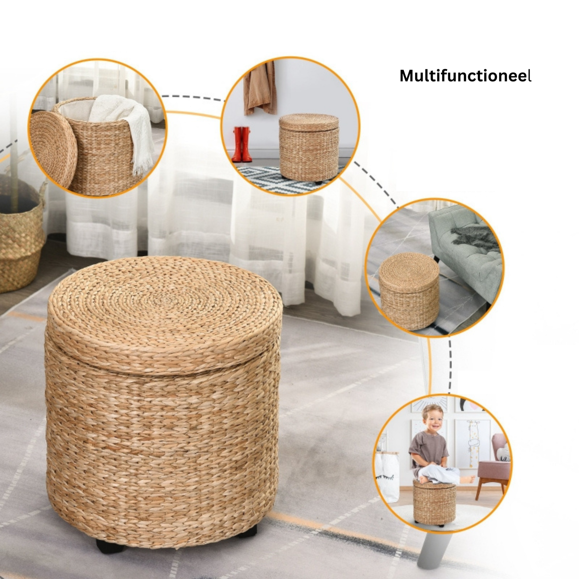 Ronde hocker met opbergruimte en afneembare deksel – stro rotan – Ø43×43 cm