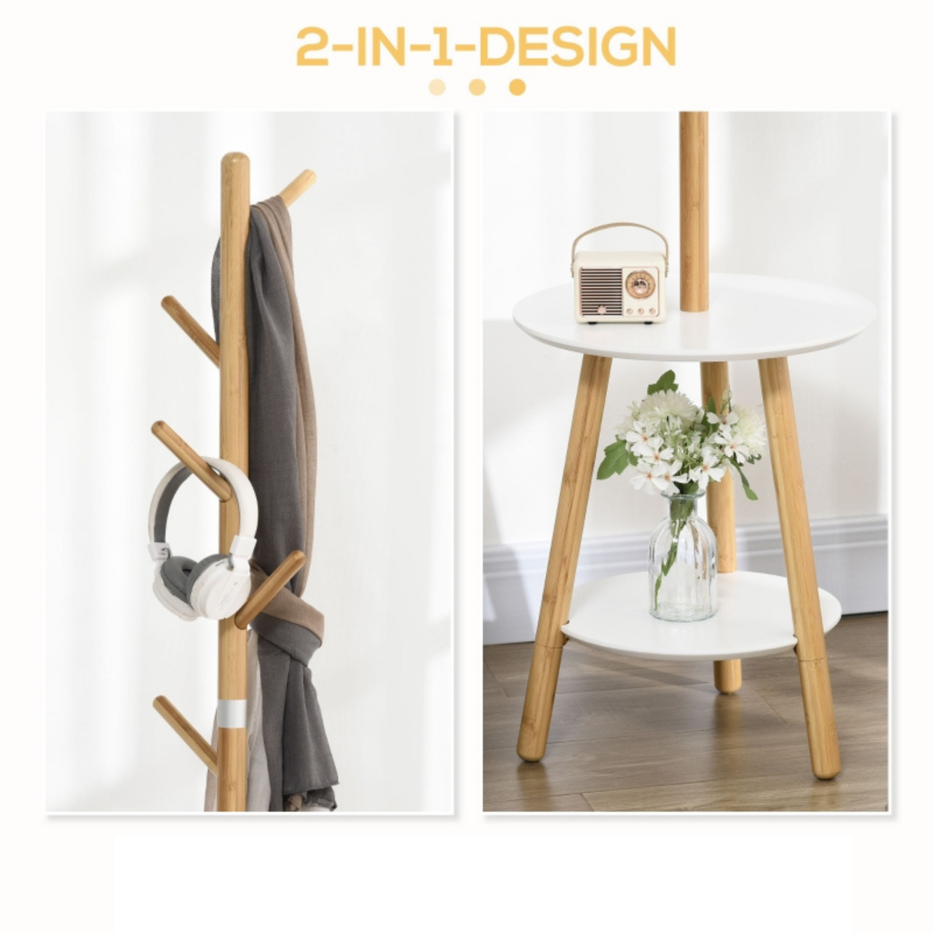 Staande kapstok met 8 haken en stabiele voet – naturel/wit – 40×40×171 cm