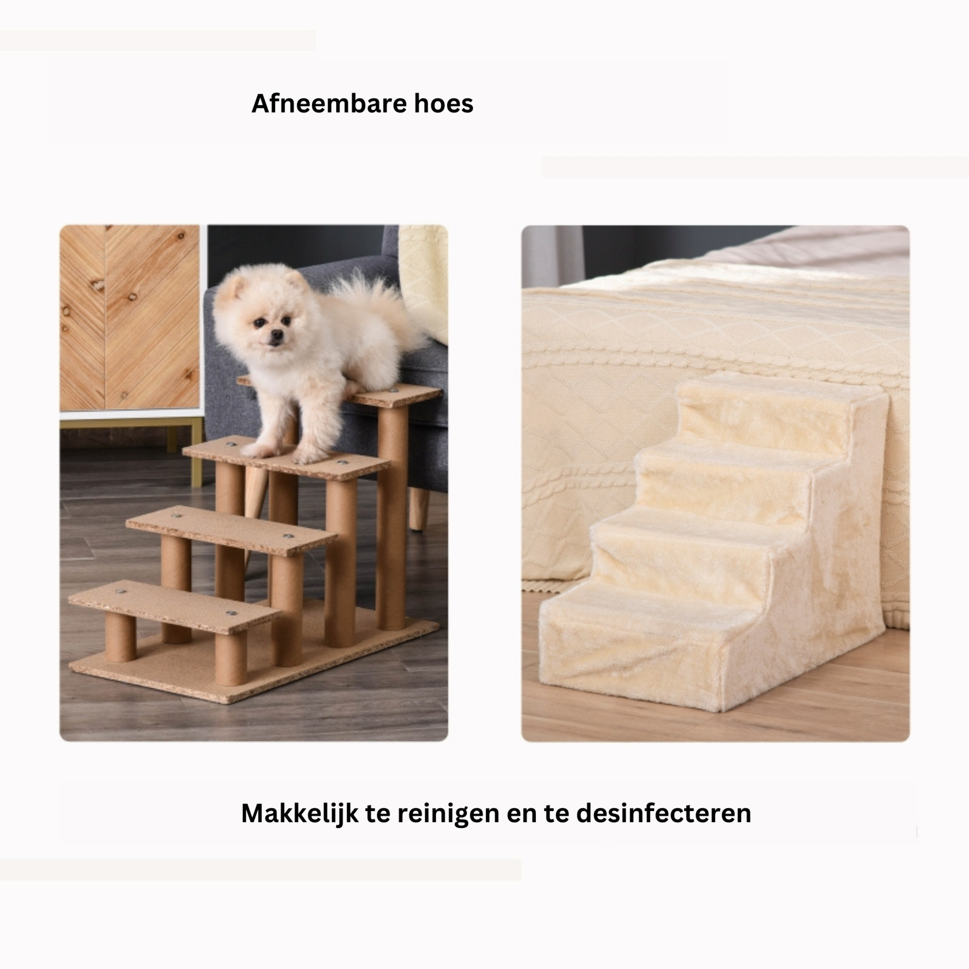Hondentrap met 4 treden en afneembare pluche hoes – beige – 60×35×44 cm
