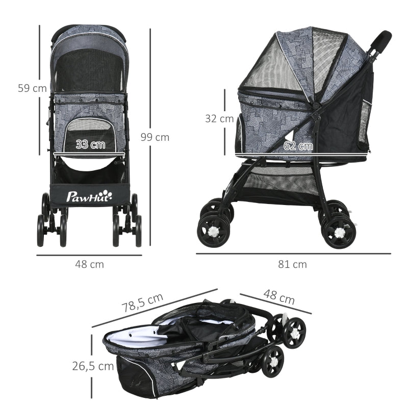 Opvouwbare hondenbuggy met verstelbare kap en opbergruimte – grijs/zwart – 81×48×99 cm