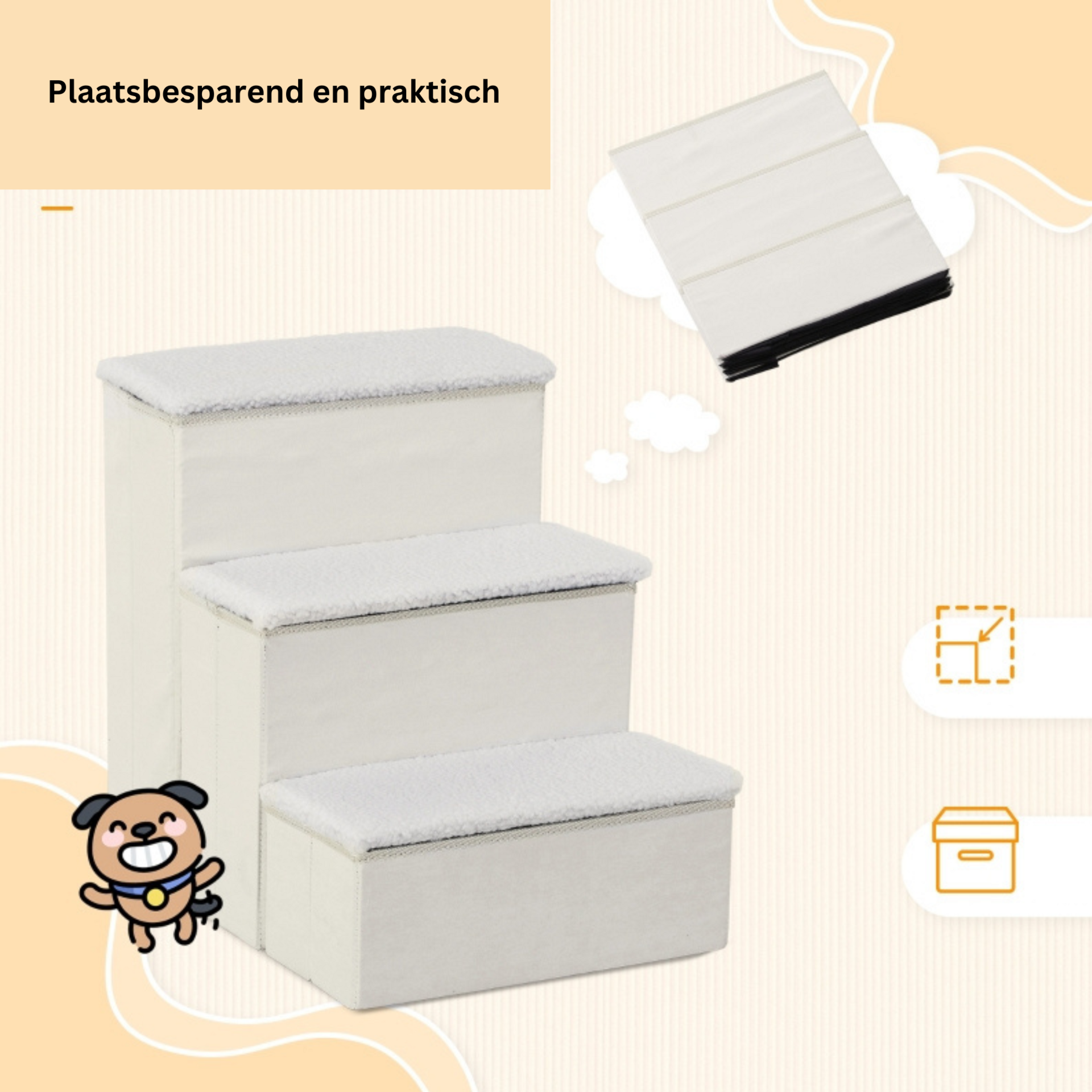 Opvouwbare hondentrap met 3 treden en opbergruimte – wit – 40×59×54 cm
