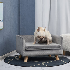 Luxe hondensofa hondenbed met houten poten en wasbaar kussen – grijs – 64×45×36 cm met een Franse bulldog erin