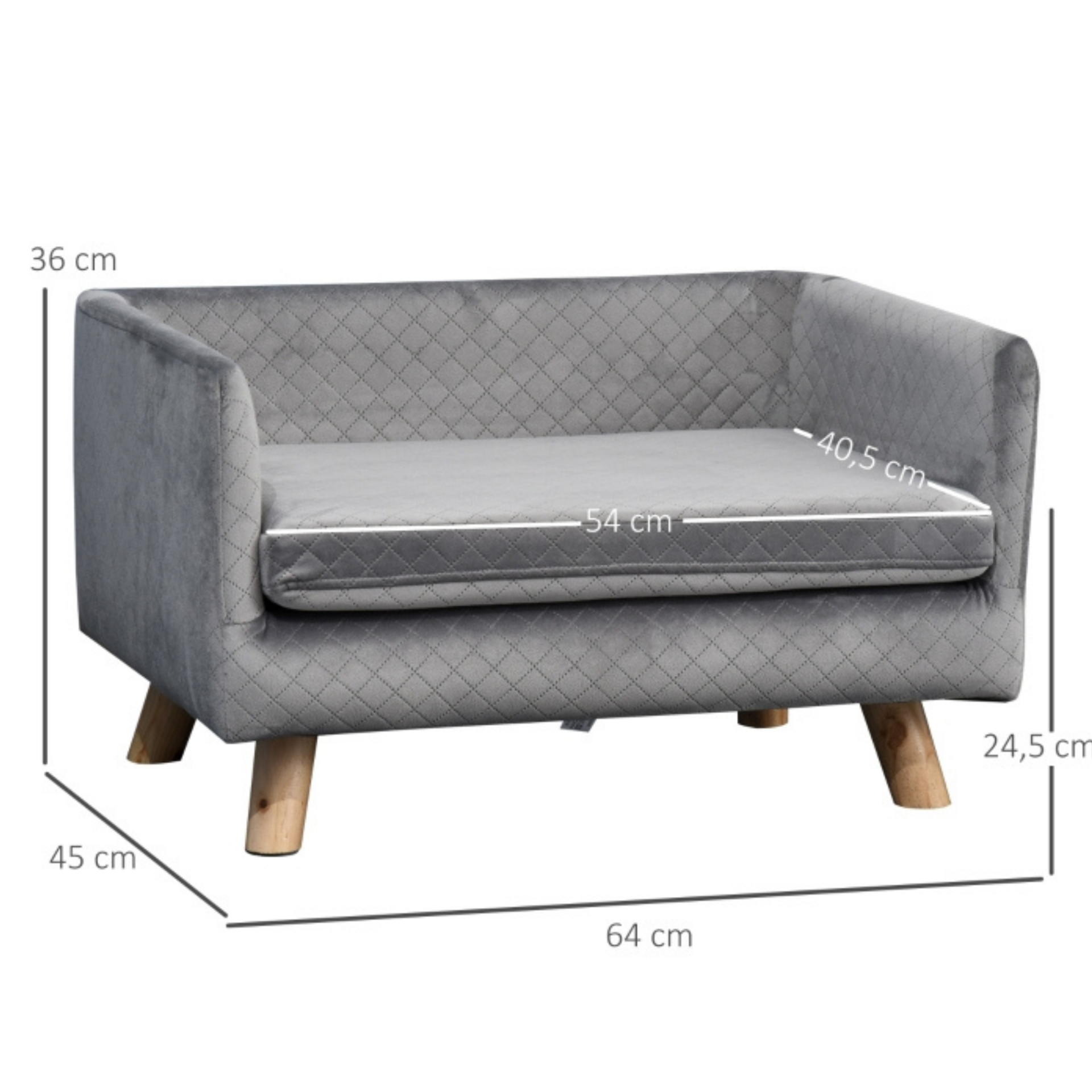 Luxe hondensofa hondenbed met houten poten en wasbaar kussen – grijs – 64×45×36 cm