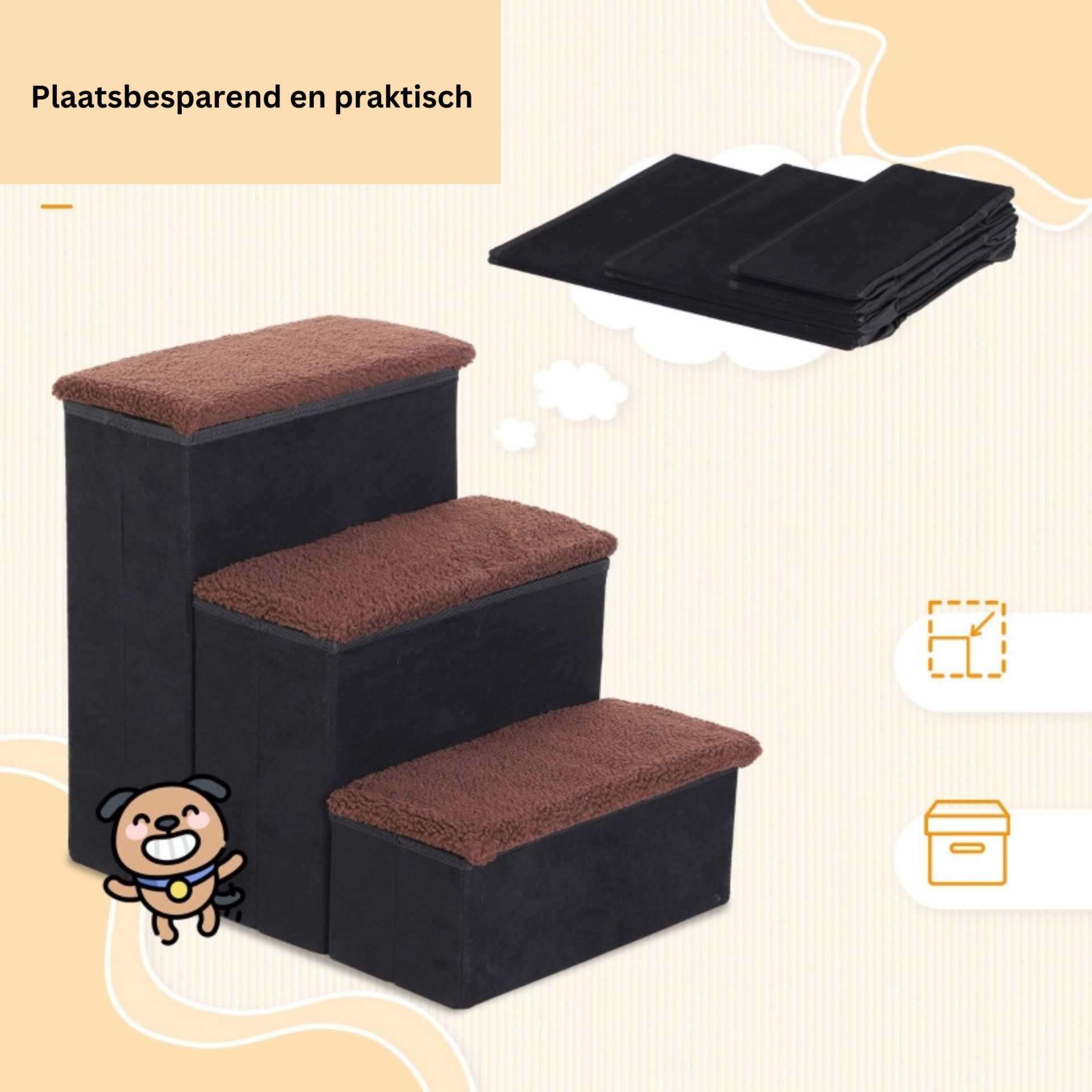 Opvouwbare hondentrap met 3 treden en opbergruimte – zwart – 40×54×48 cm